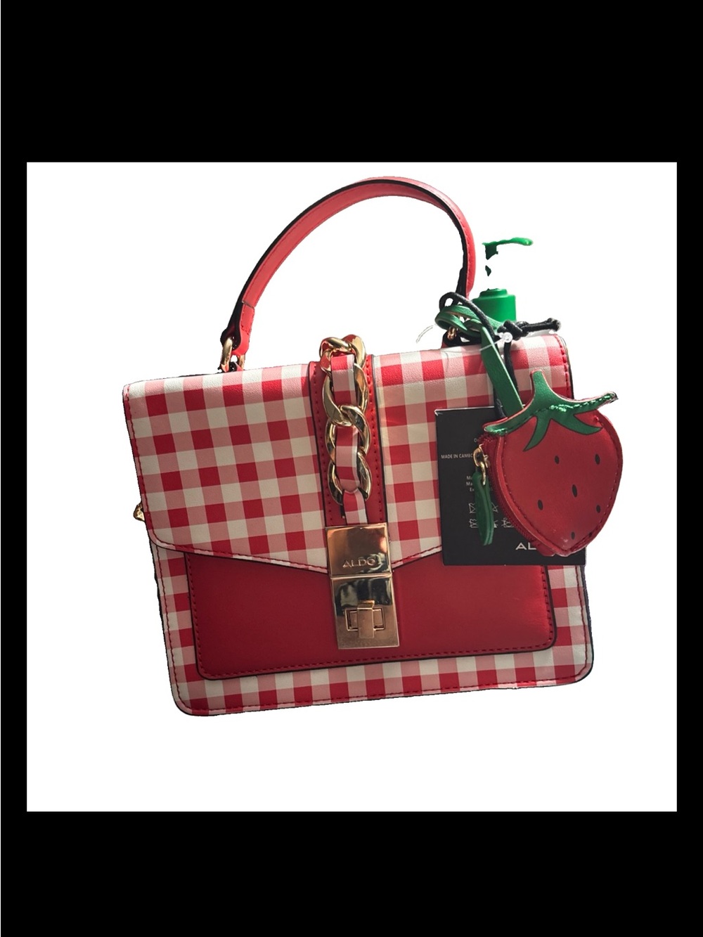 ALDO Red Gingham Top-Handle Satchel with Strawberry Charm